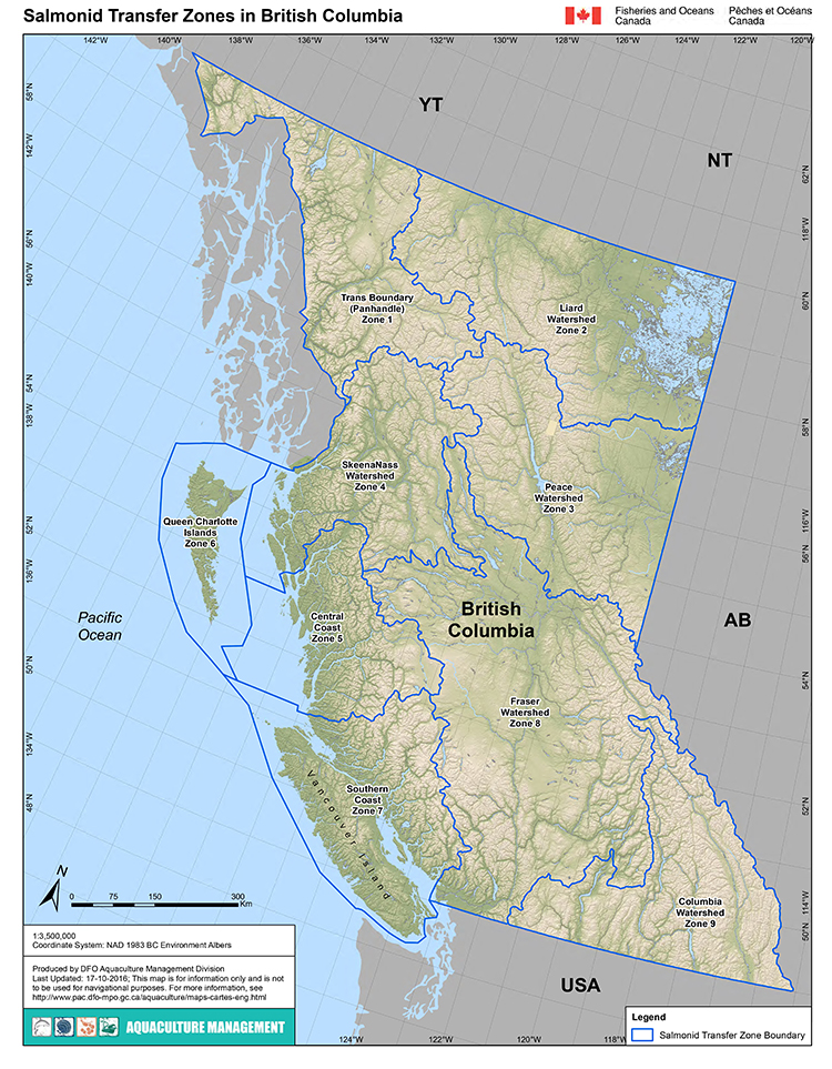 Map of Salmonid Transfer Zones in British Columbia, 
showing the Salmonid Transfer Zone Boundary of Zone 1 - Trans Boundary (Panhandle), Zone 2 - Liard Watershed, 
Zone 3 - Peace Watershed, Zone 4 - SkeenaNass Watershed, Zone 5 - Central Coast, Zone 6 - Queen Charlotte Islands, 
Zone 7 - Southern Coast, Zone 8 - Fraser Watershed, and Zone 9 - Columbia Watershed. Last updated: 17-10-2016.