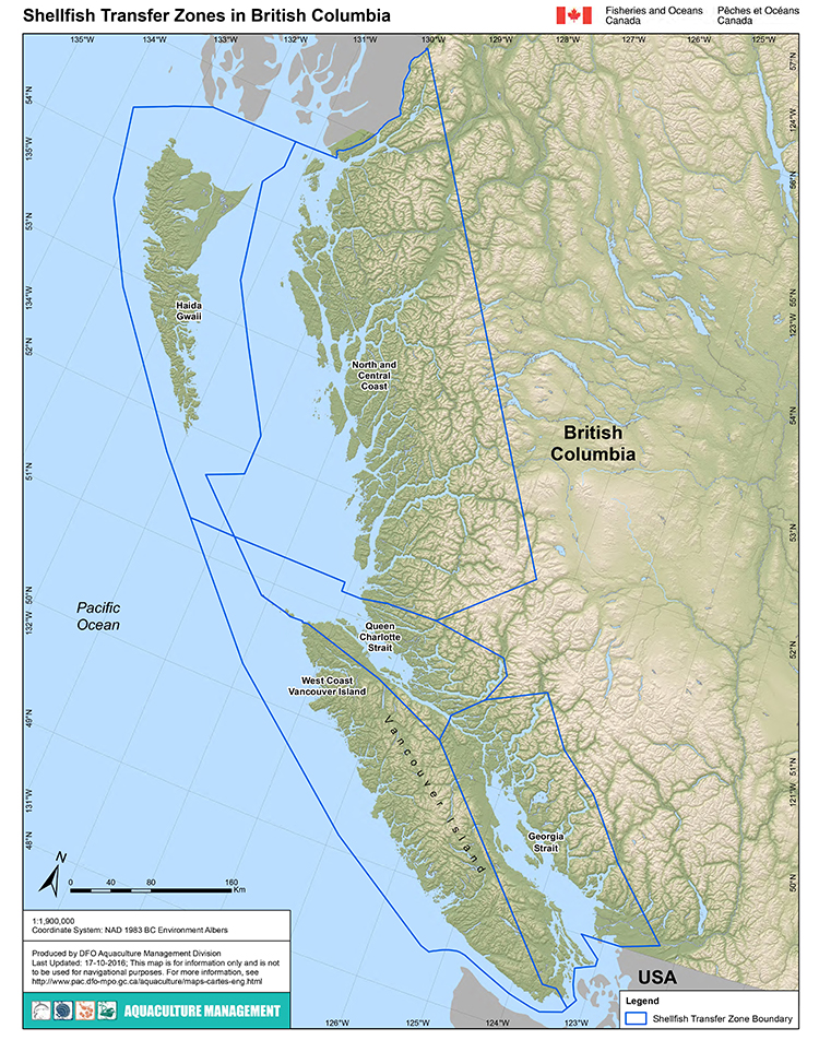 Map of Shellfish Transfer Zones in British Columbia, 
		showing the Shellfish Transfer Zone Boundary of North and Central Coast, Haida Gwaii, 
		Queen Charlotte Strait, West Coast Vancouver Island, and Georgia Strait. Last updated 17-10-2016.