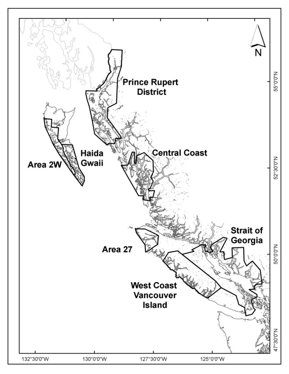 Map of Pacific Herring major and minor stock and fishing areas