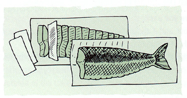 Illustration: Drawing of packaged salmon steaks.