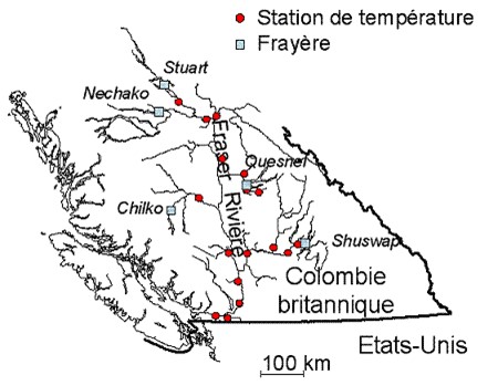 Carte: Localisation des stations clés du programme de suivi des températures et localisation des principales frayères à saumon rouge dans le bassin de la fleuve Fraser.