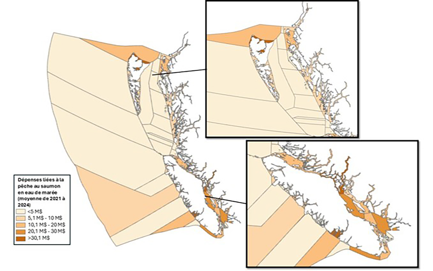 Map of British Columbia showing fishery management areas. The average dollar amount spent on salmon tidal water fishing in each PFMA is shown by colour code.