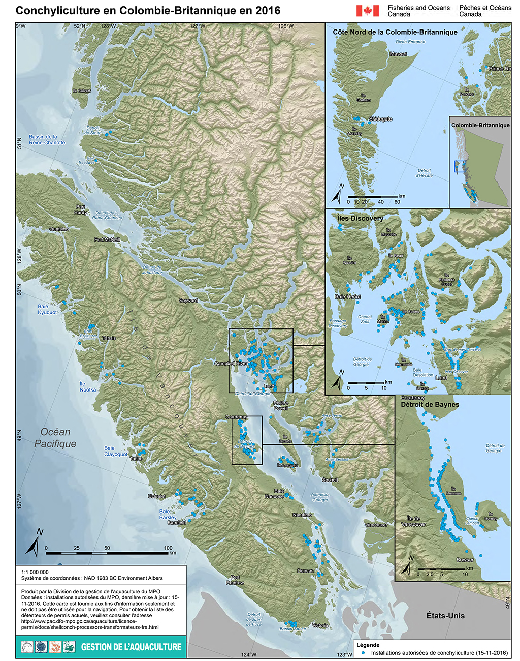 Carte de la conchyliculture en 2016 en Colombie-Britannique