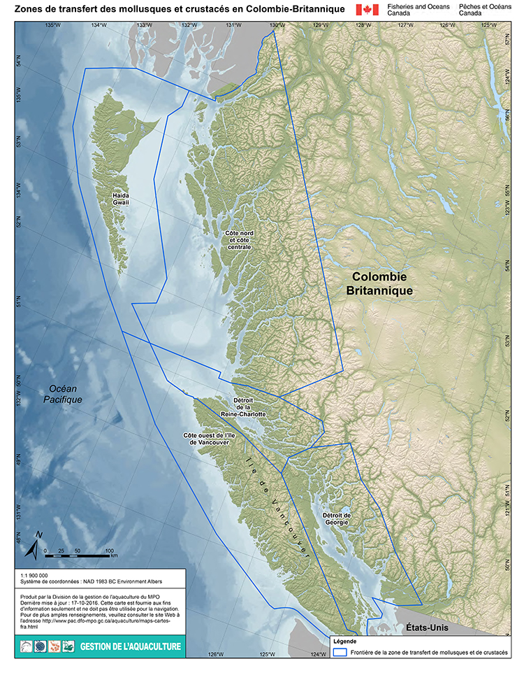 Carte: Zones de transfert des mollusques et crustacés; 
		Frontière de la zone de transfert de mollusques et de crustacés; 
		Côte nord et côte centrale, Détroit de la Reine-Charlott, Haida Gwaii, Côte ouest de l’île de Vancouver, Détroit de Georgie. 
		Dernière mise-à-jour : 17-10-2016