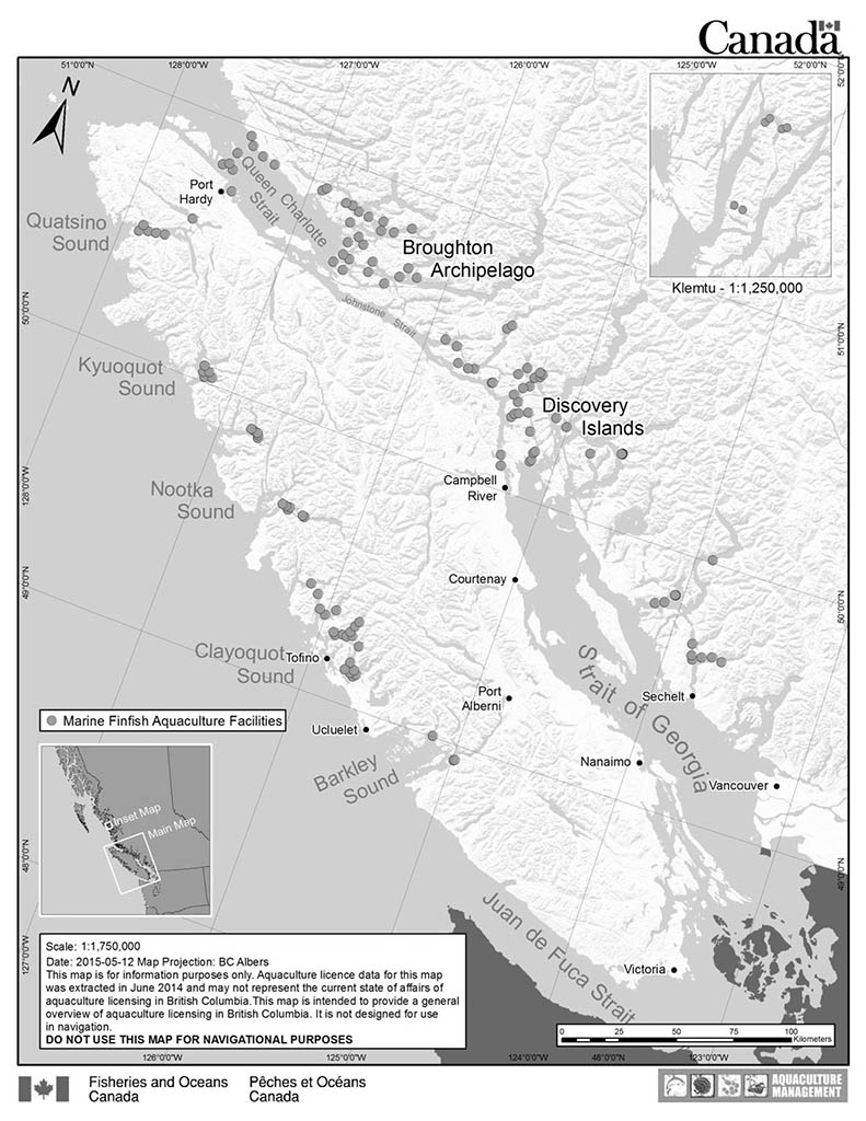 Map of 2015 Marine Finfish Aquaculture in British Columbia showing Licensed Marine Finfish Aquaculture Facilities