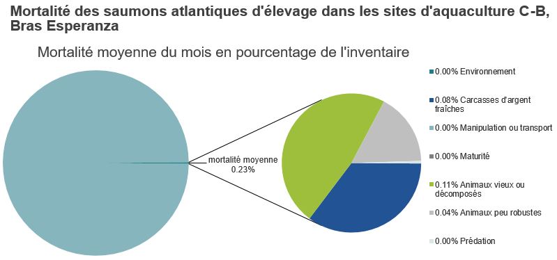 Mortalité des saumons atlantiques d'élevage dans les sites d'aquaculture C-B, Bras Esperanza
