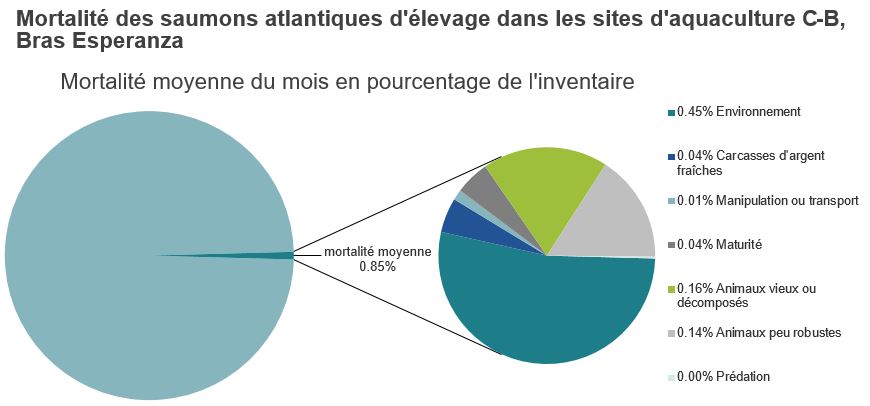 Mortalité des saumons atlantiques d'élevage dans les sites d'aquaculture C-B, Bras Esperanza