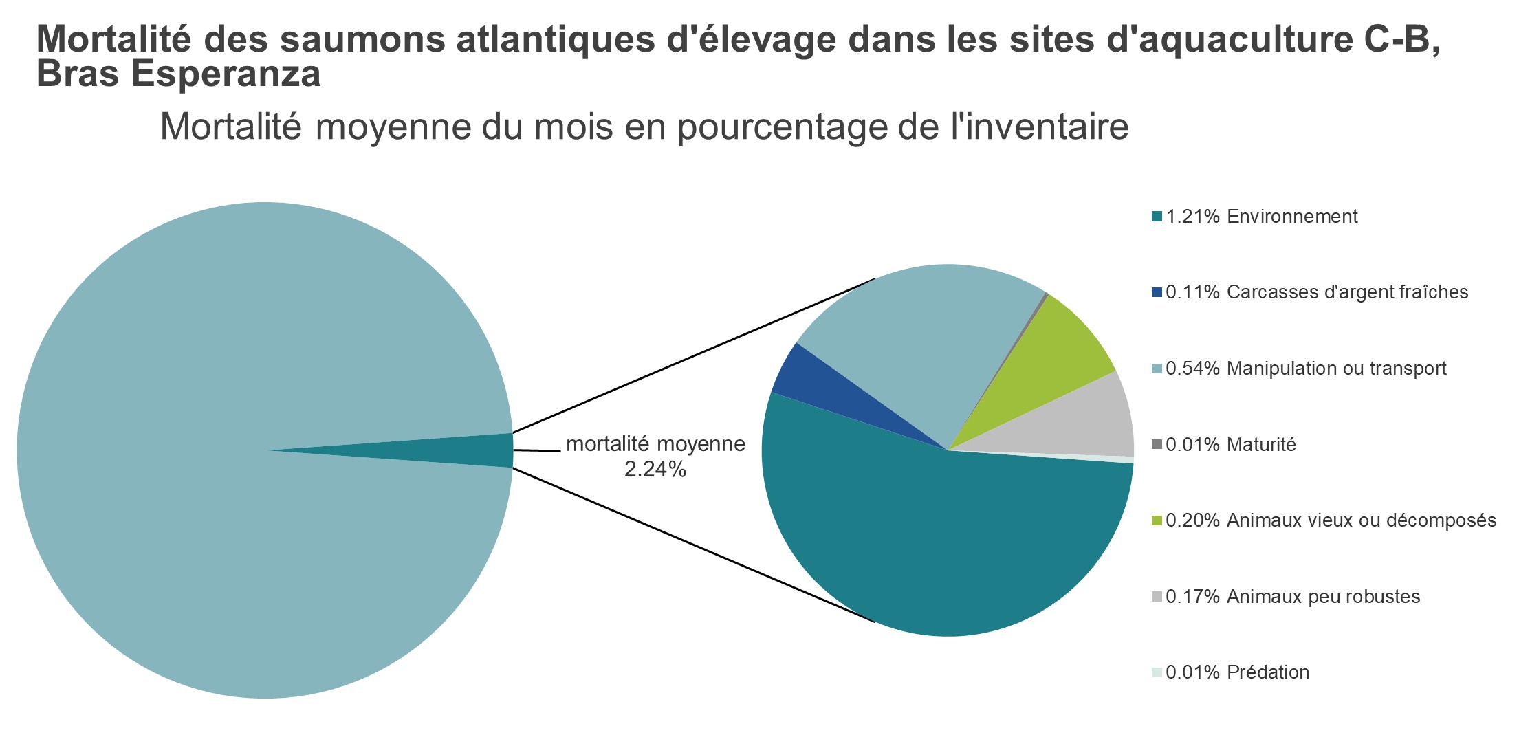 Mortalité des saumons atlantiques d'élevage dans les sites d'aquaculture C-B, Bras Esperanza