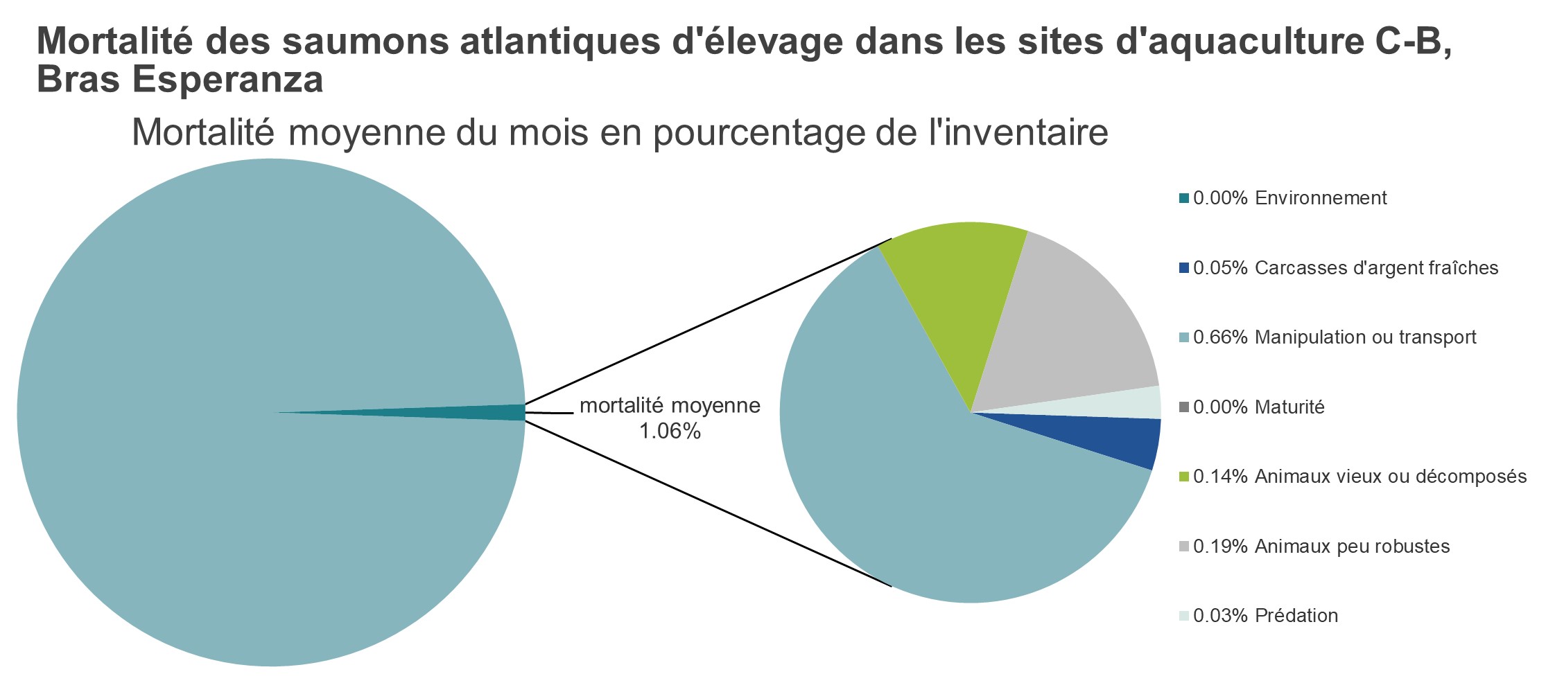 Mortalité des saumons atlantiques d'élevage dans les sites d'aquaculture C-B, Bras Esperanza