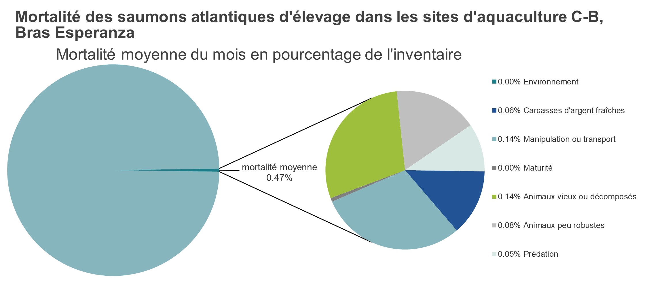Mortalité des saumons atlantiques d'élevage dans les sites d'aquaculture C-B, Bras Esperanza