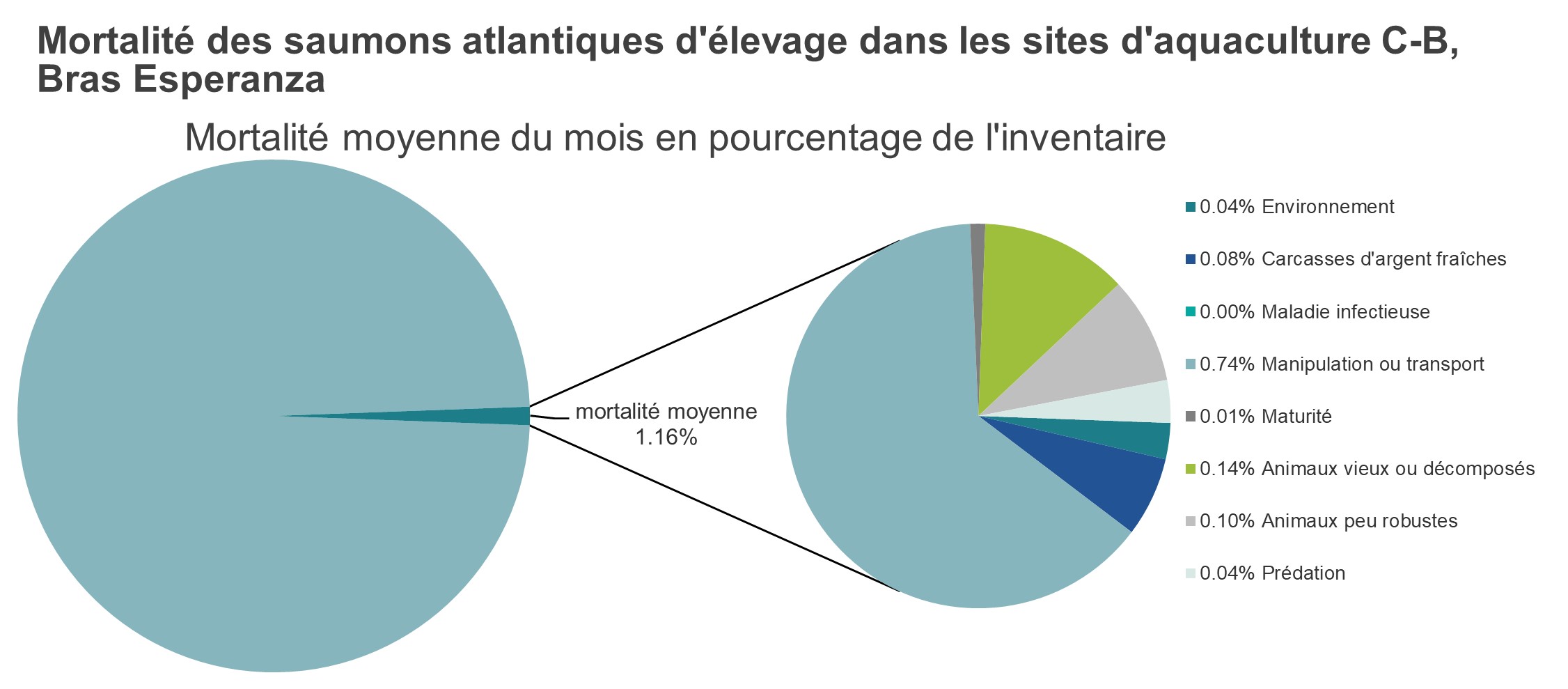 Mortalité des saumons atlantiques d'élevage dans les sites d'aquaculture C-B, Bras Esperanza