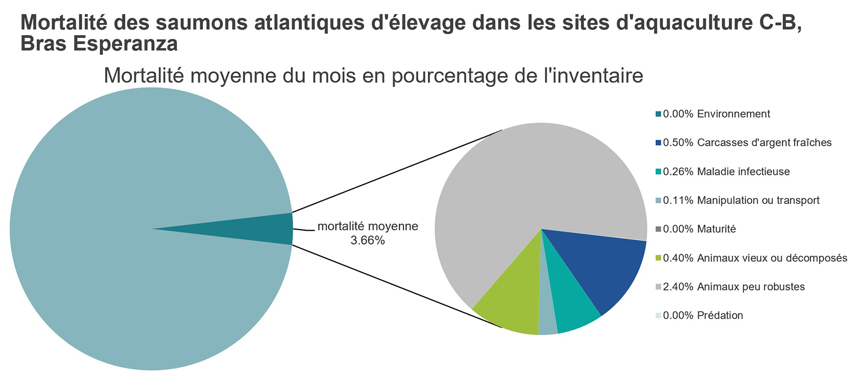 Mortalité des saumons atlantiques d'élevage dans les sites d'aquaculture C-B, Bras Esperanza