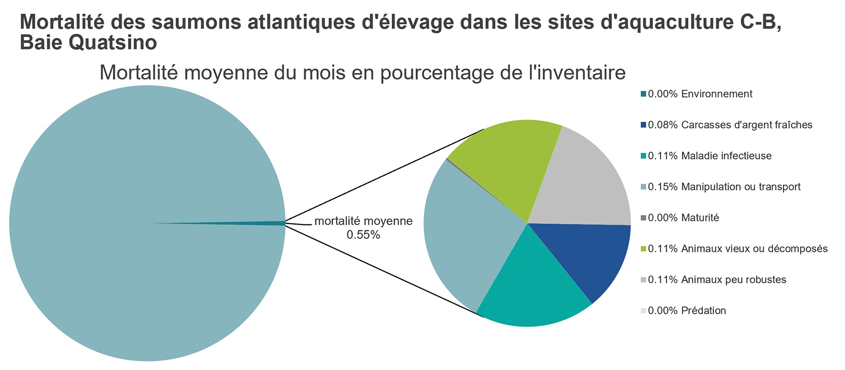 Mortalité des saumons atlantiques d'élevage dans les sites d'aquaculture C-B, Baie Quatsino