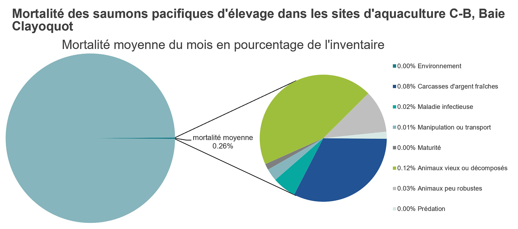 Mortalité des saumons pacifiques d'élevage dans les sites d'aquaculture C-B, Baie Clayoquot