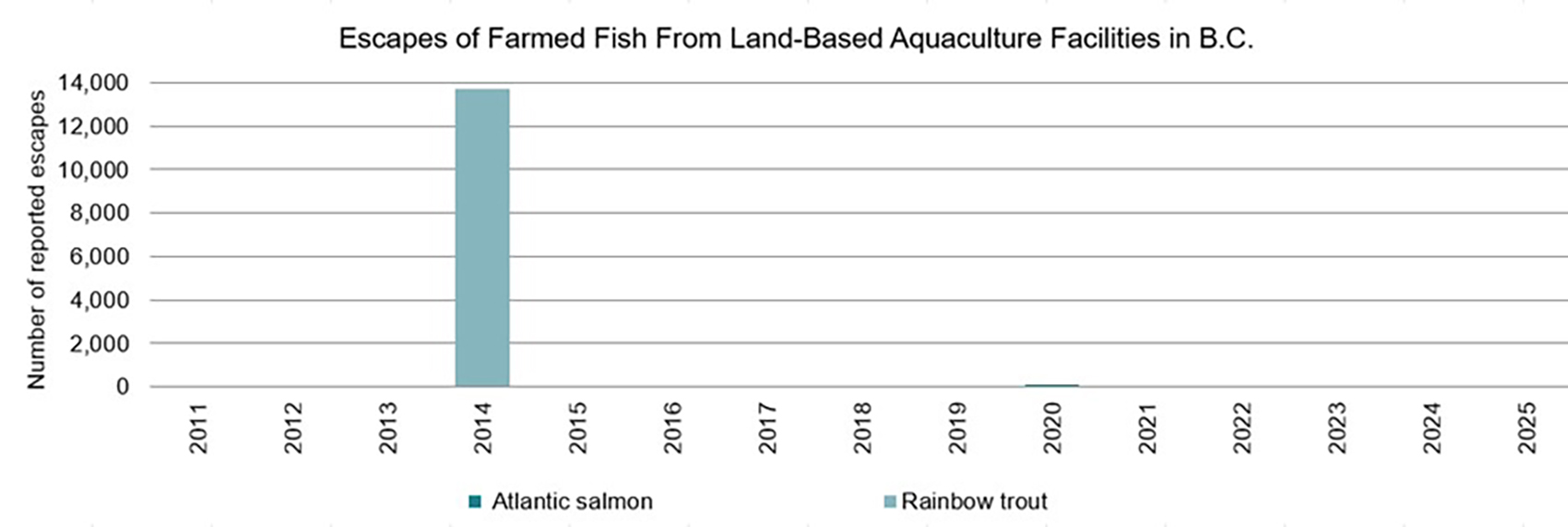 Graph: Escapes of farmed fish from land-based aquaculture facilities in British Columbia, 2011 to 2025 