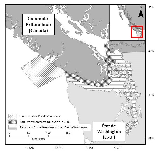Carte: de l’habitat essentiel actuel des epaulards residents du Sud dans les eaux transfrontalieres du Sud 