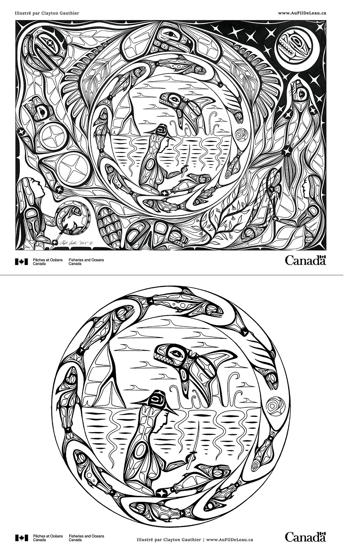 Page de coloriage de le parcours du saumon sacré