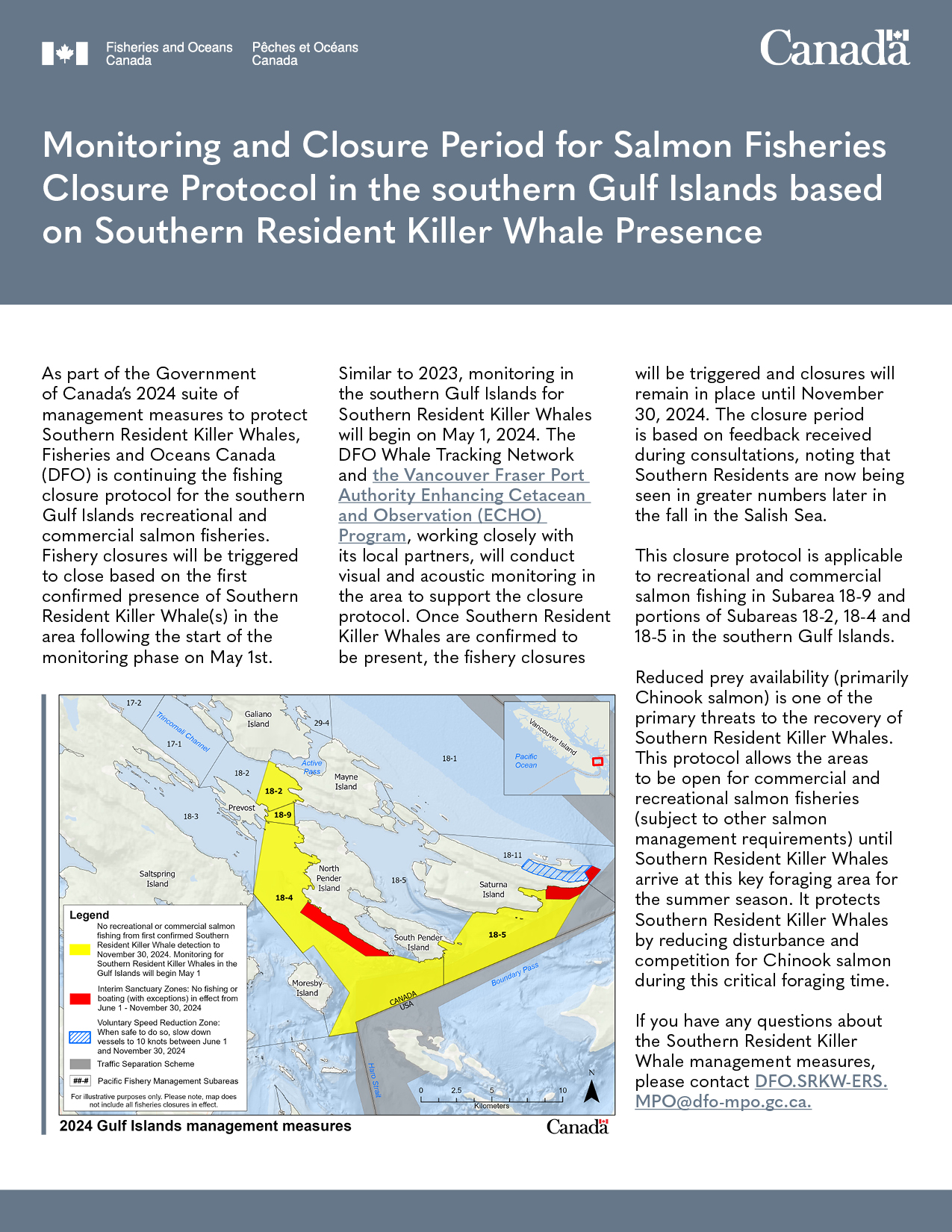 Infographic: Earlier monitoring start date for salmon fisheries closures protocol in the Gulf Islands based on Southern Resident Killer Whale presence