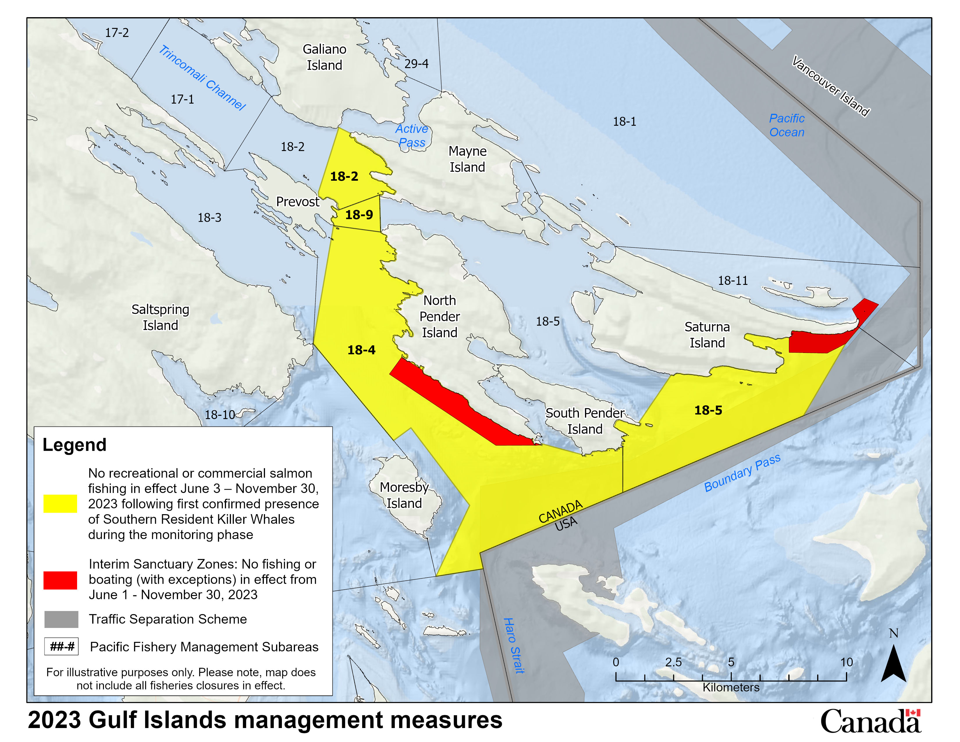 Map of management measures in the Gulf Islands to support Southern Resident killer whale recovery
