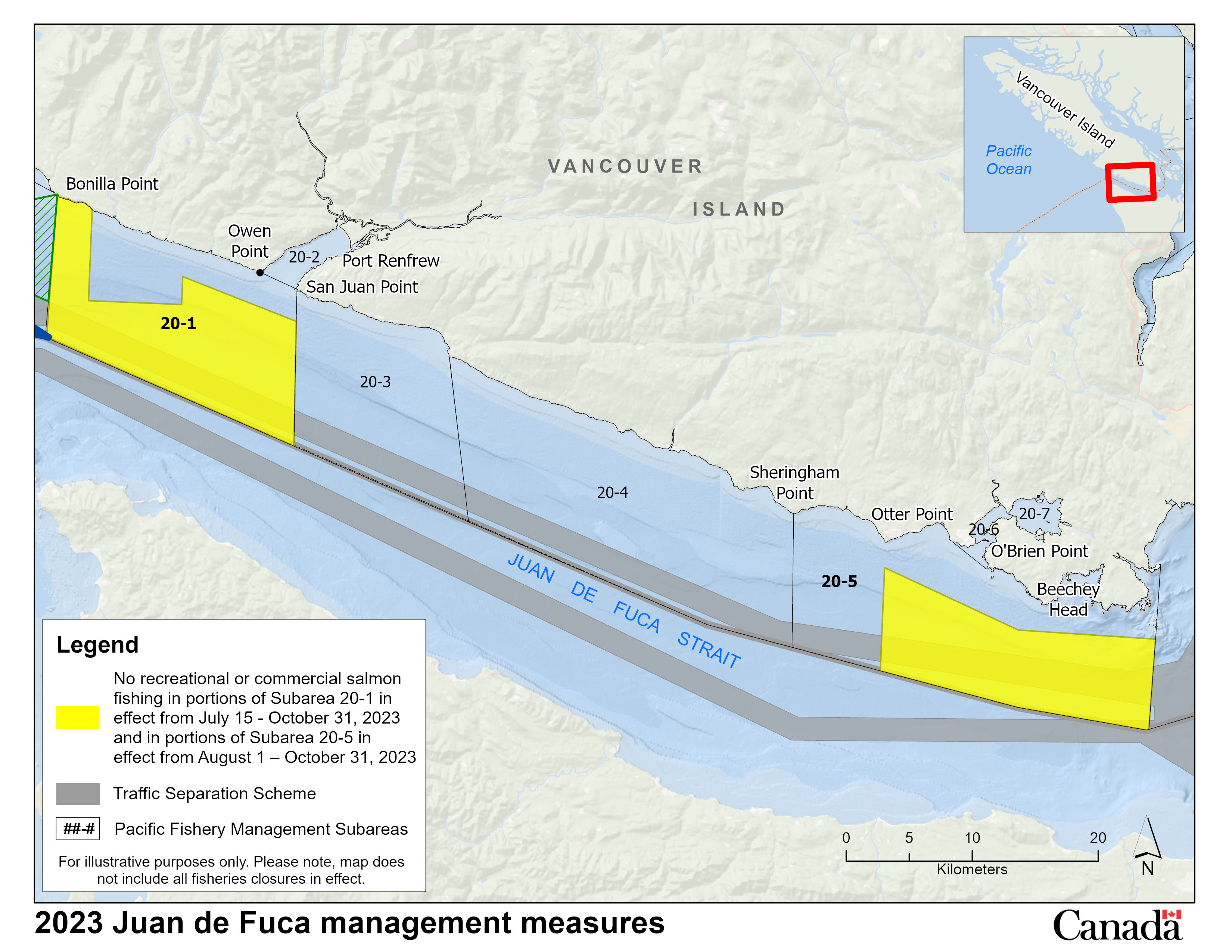 Map of management measures in the Juan de Fuca to support Southern Resident killer whale recovery