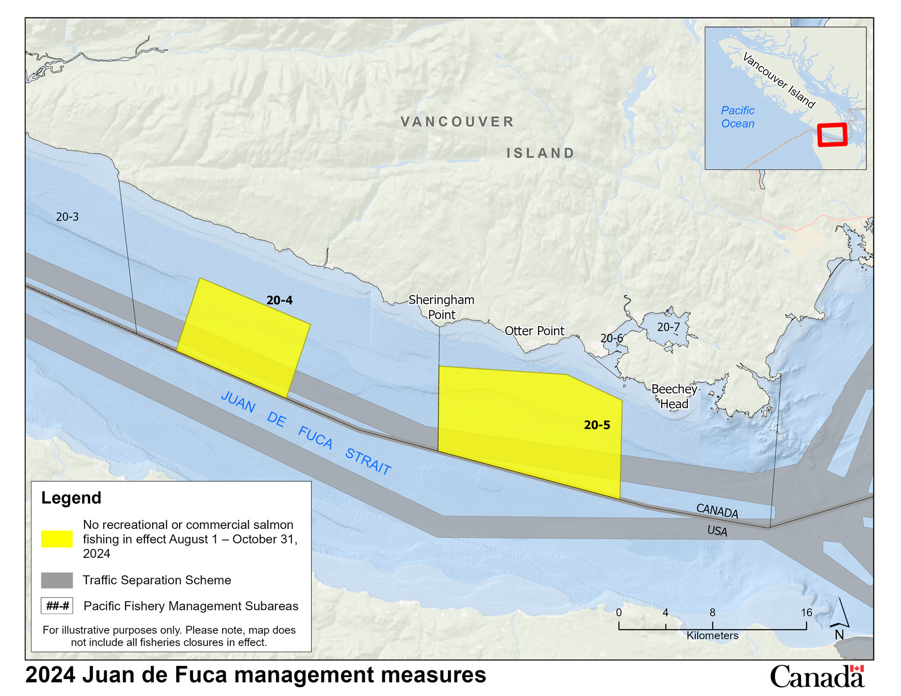 Map of management measures in the Juan de Fuca to support Southern Resident killer whale recovery