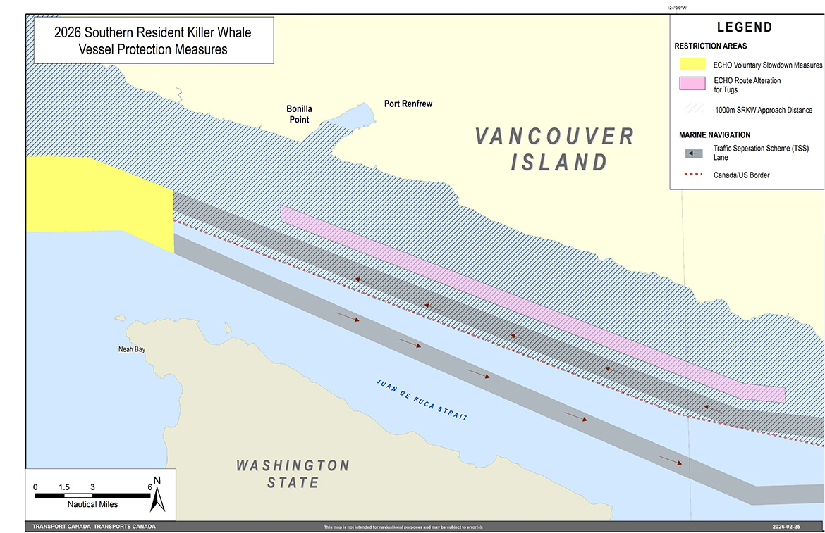 Map of management measures in the Juan de Fuca to support Southern Resident killer whale recovery