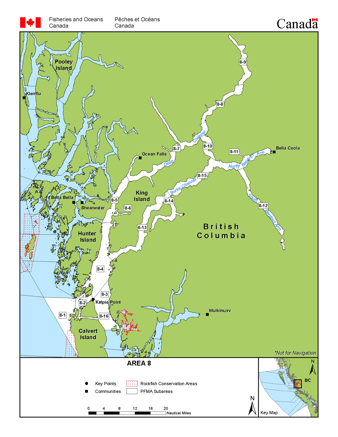 BC tidal areas 8 and 108 - Fitz Hugh Sound, Bella Coola: Recreational  fishing limits, openings and closures, Pacific Region