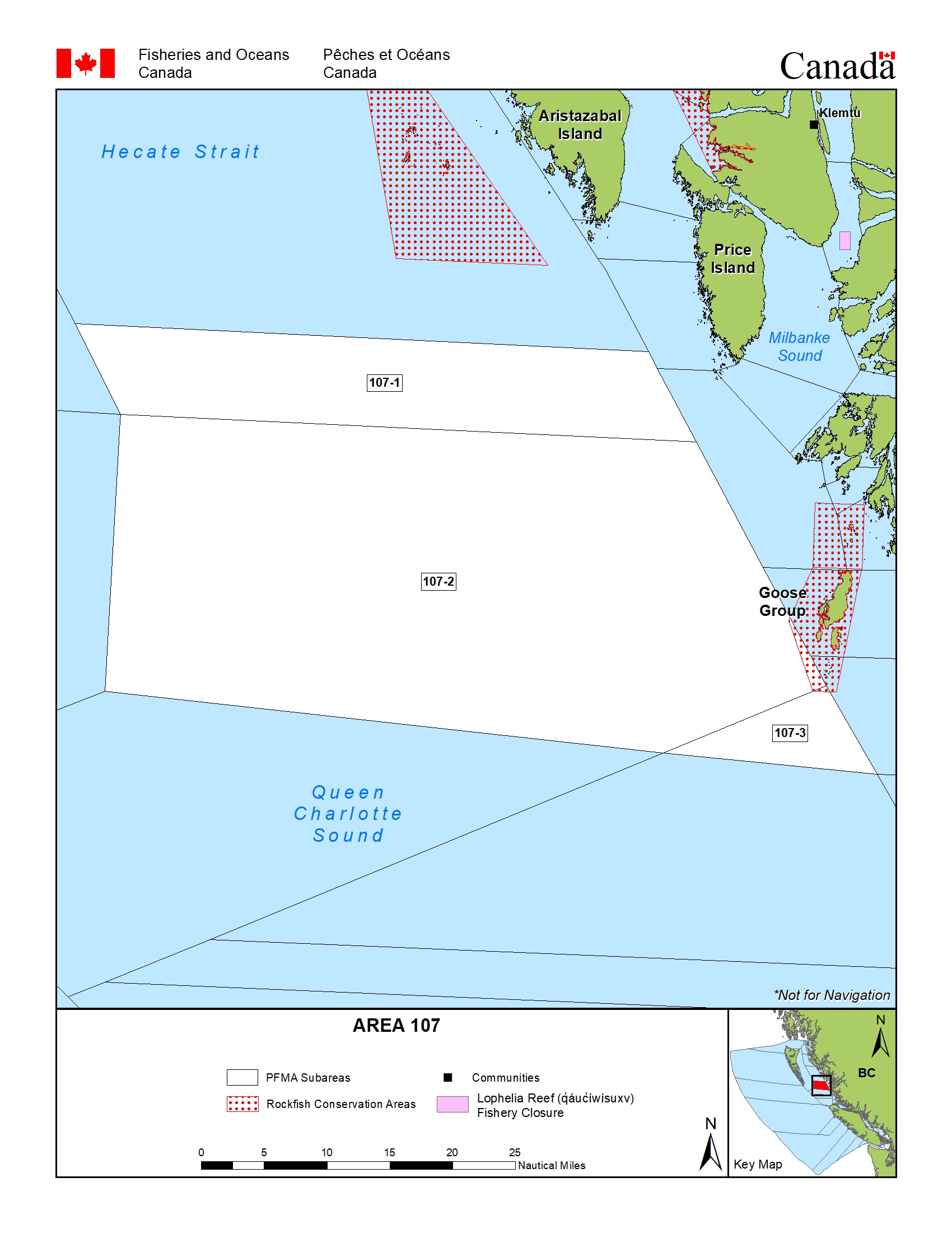 BC tidal areas 7 and 107 -Bella Bella, Denny Island: Sport fishing limits,  openings and closures, Pacific Region