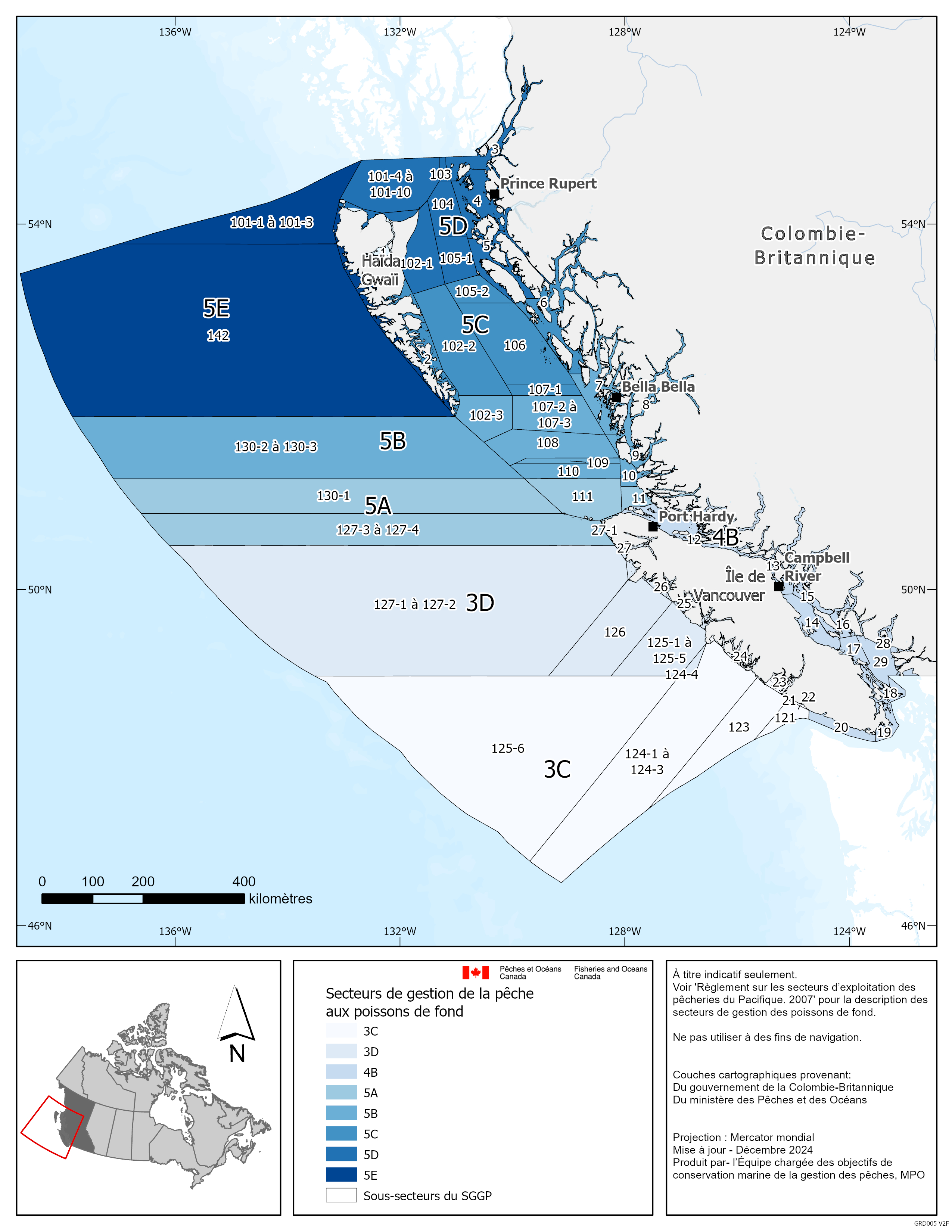 Carte des secteurs de gestion de la pêche aux poissons de fond