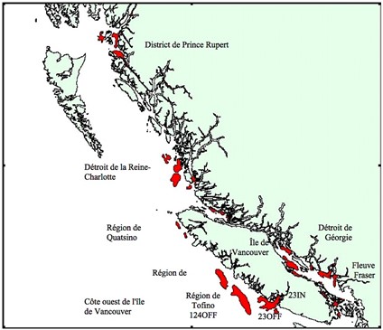 Doc. 1. Principales zones de production de la crevette sur la côte du Pacifique en Colombie-Britannique (zones en rouge). 