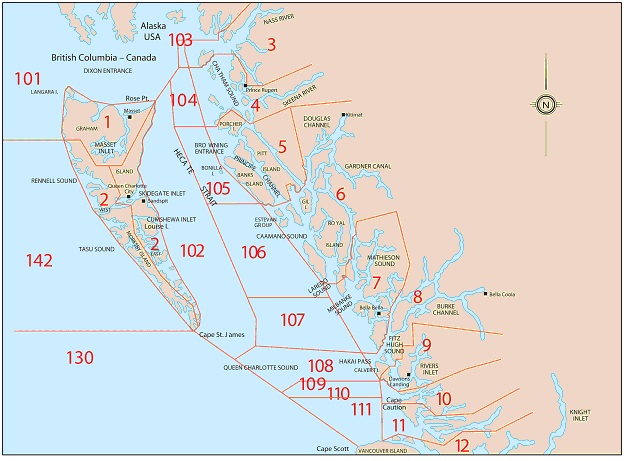 carte : secteurs de pêche du saumon, côte Nord, C.-B