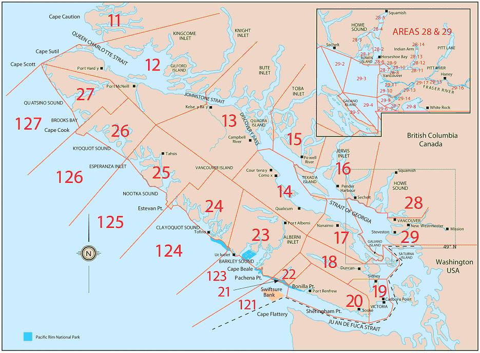 carte : secteurs de pêche du saumon, côte Sud, C.-B