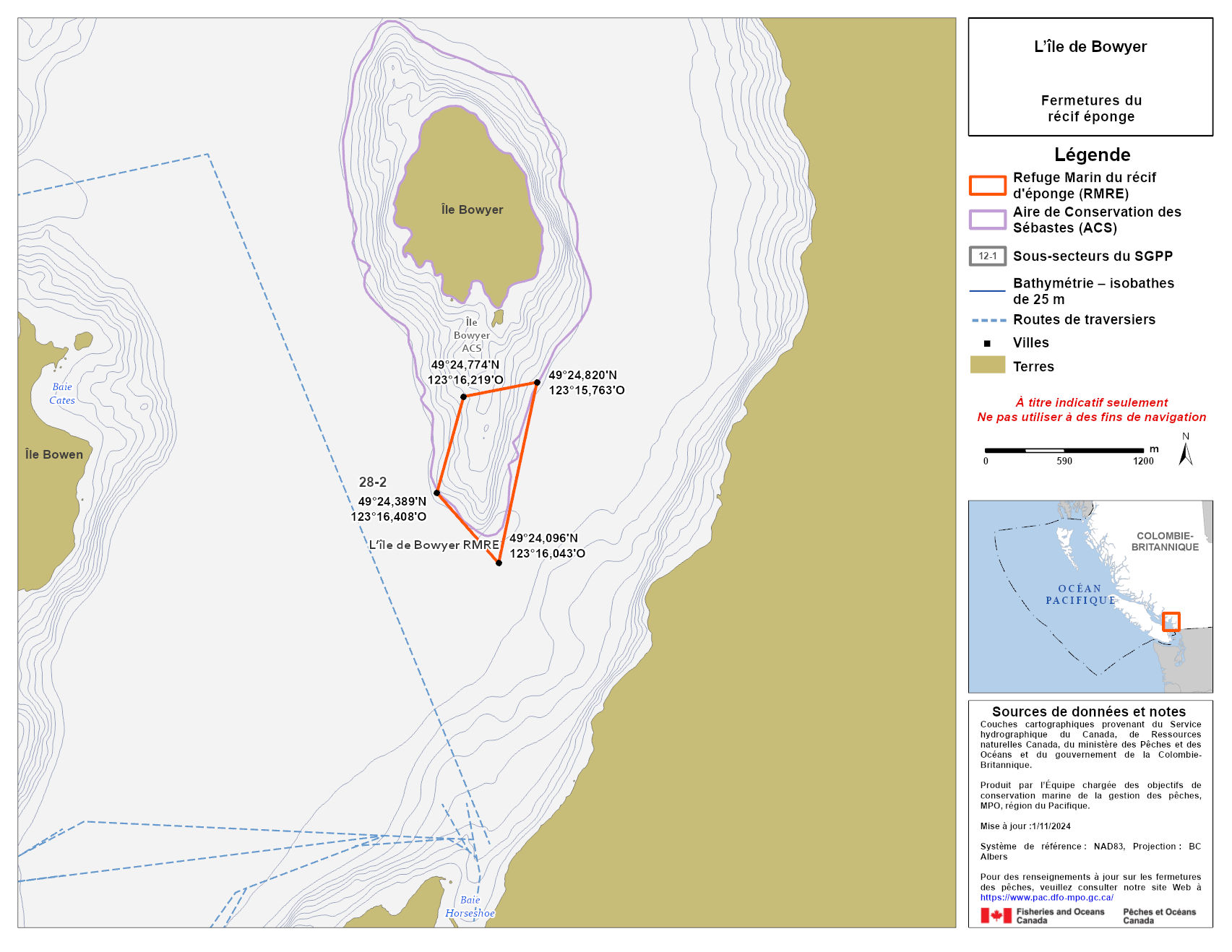 Carte de la zone de conservation des sébastes de l’île de Bowyer