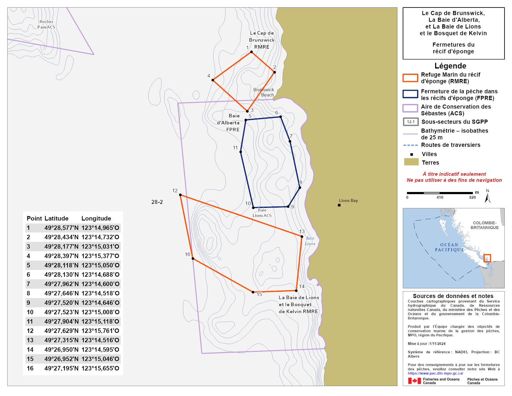 Carte de la zone de conservation des sébastes du Cap de Brunswick