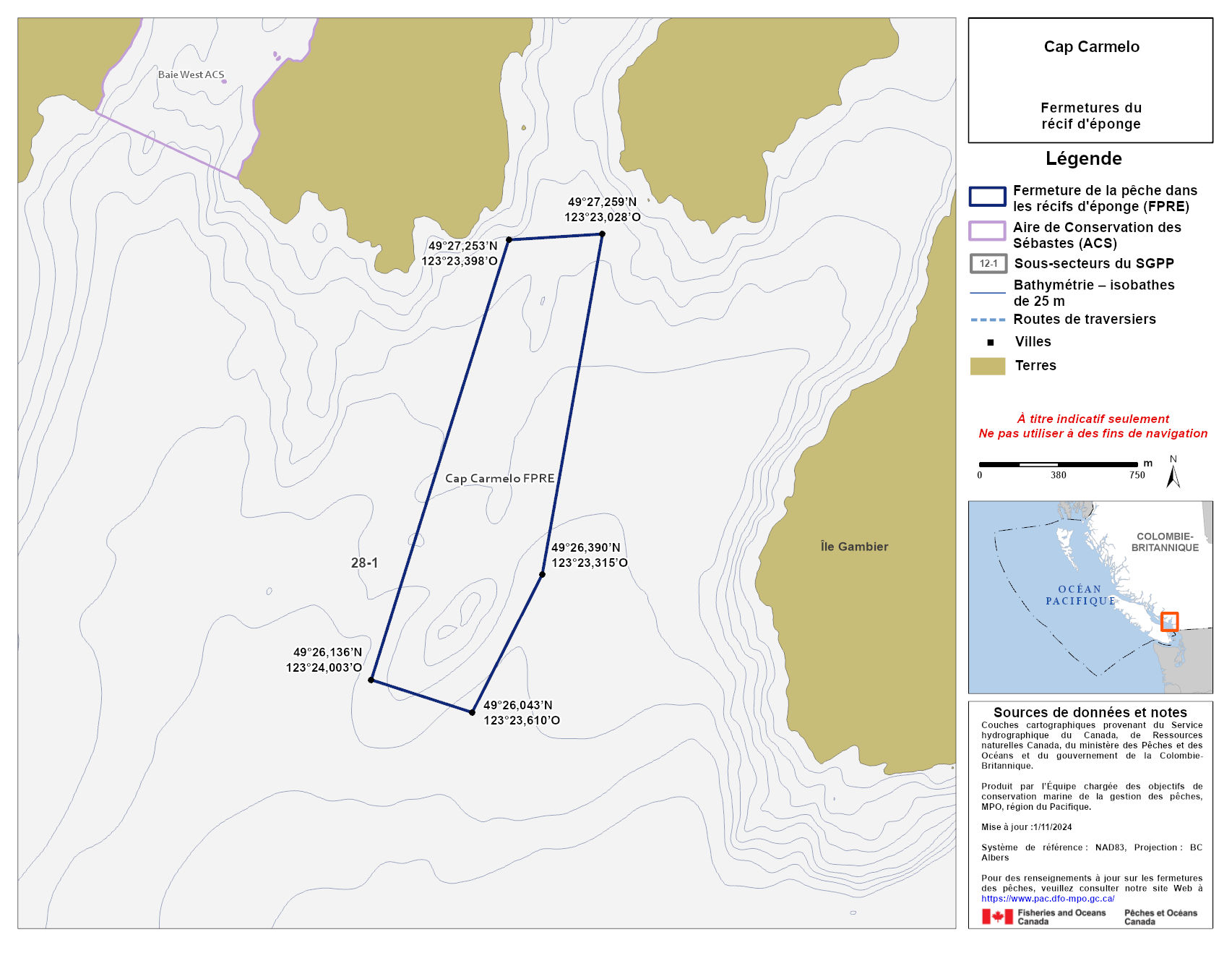 Carte de la zone de conservation des sébastes de Cap Carmelo