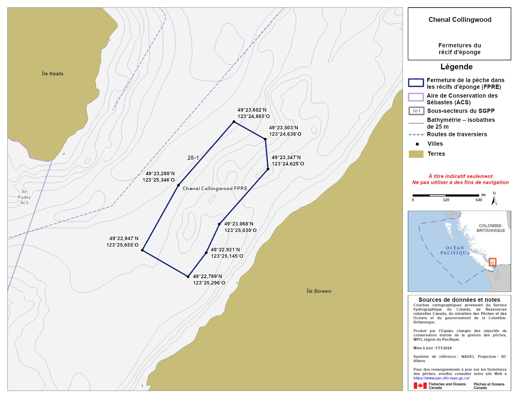 Carte de la zone de conservation des sébastes de Chenal Collingwood