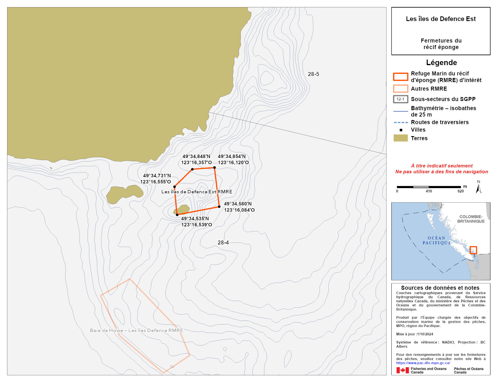 Carte de la zone de conservation des sébastes des îles de Defence Est