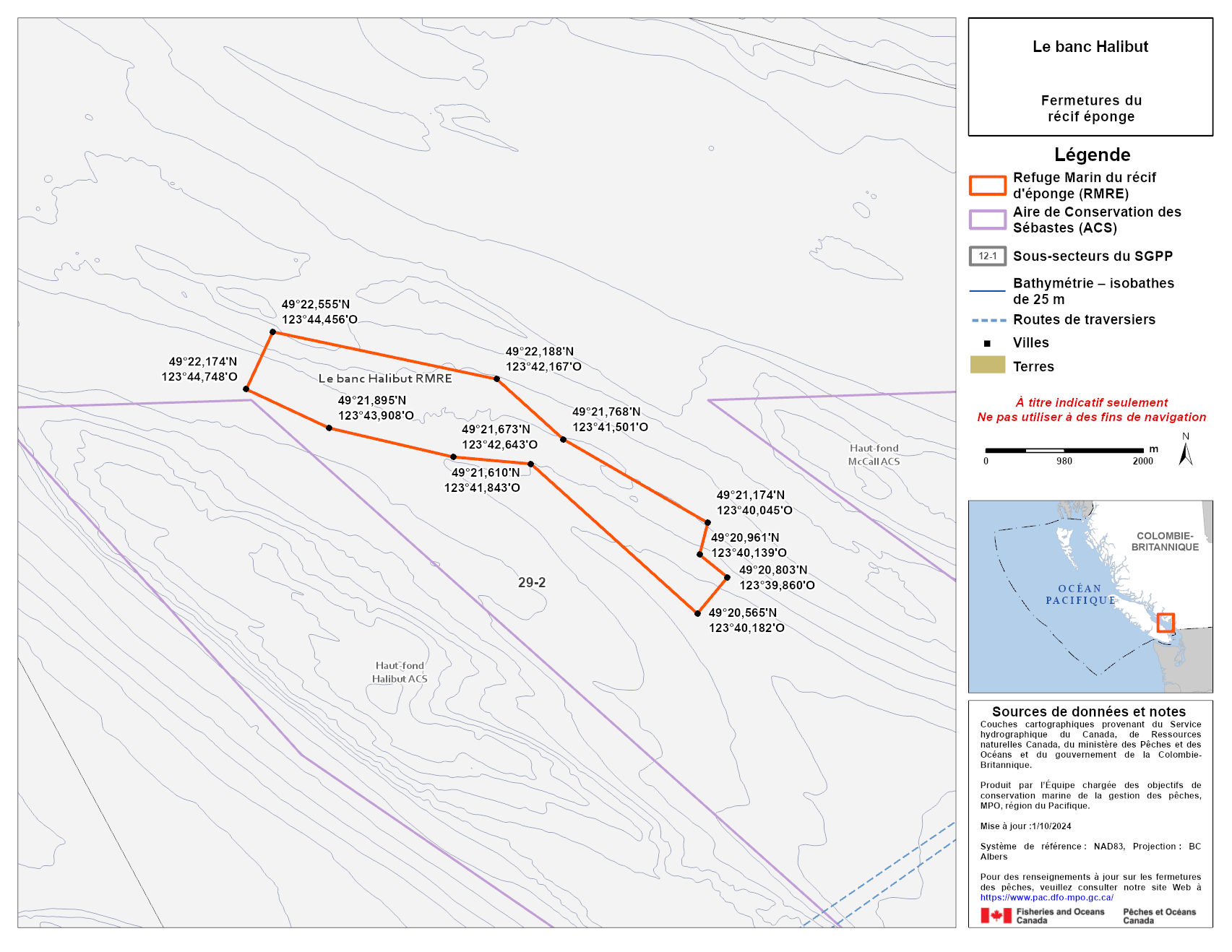 Carte de la zone de conservation des sébastes du banc Halibut
