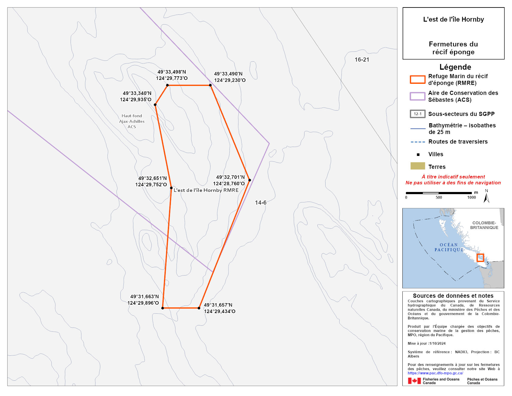 Carte de la zone de conservation des sébastes de l’est de l’île Hornby