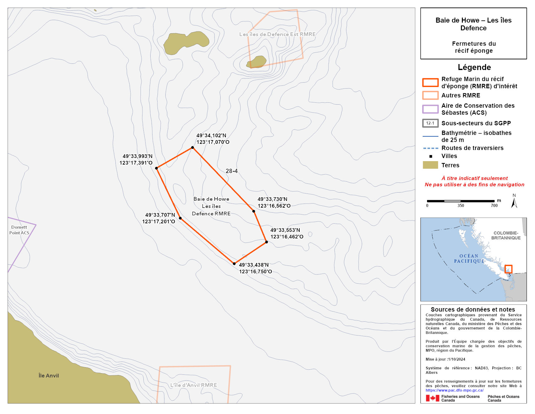 Carte de la zone de conservation des sébastes de Baie de Howe - Les îles Defence