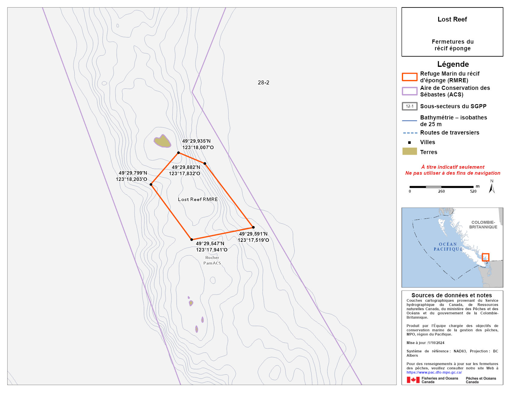 Carte de la zone de conservation des sébastes de Lost Reef