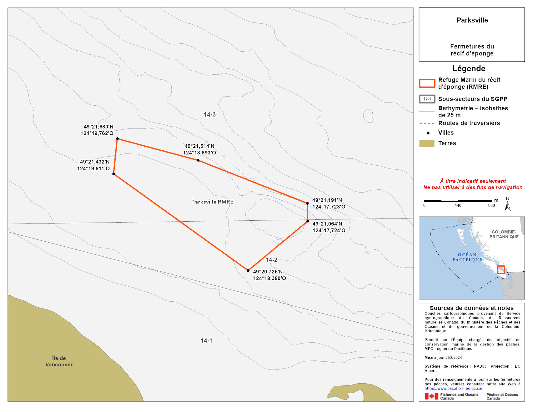 Carte de la zone de conservation des sébastes de Parksville