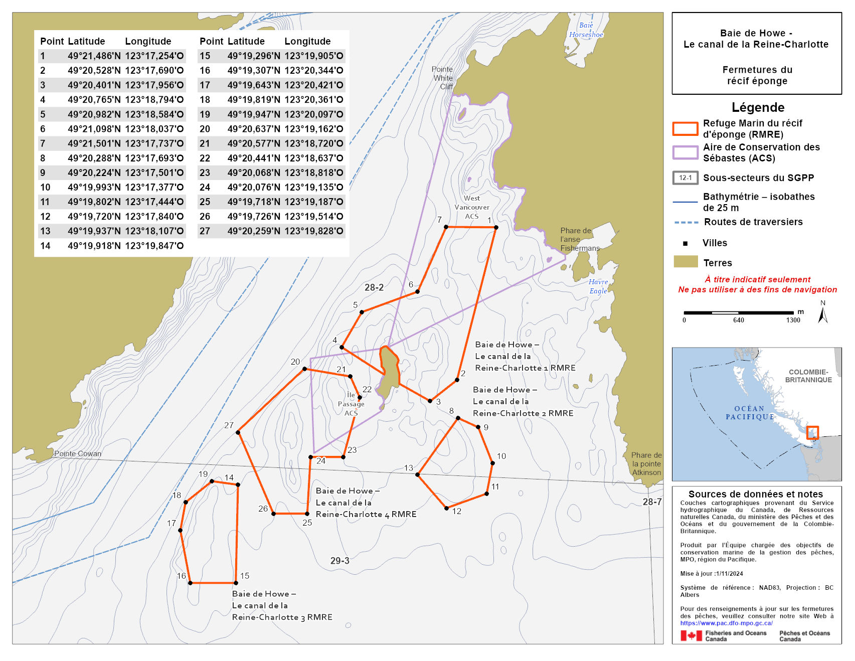 Carte de la zone de conservation des sébastes du canal de la Reine-Charlotte