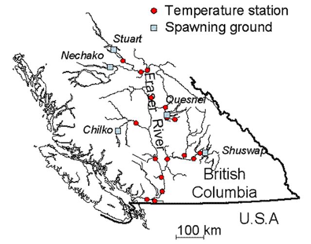 Map: Locations of key EWatch and WSC temperature monitoring stations and major Fraser River sockeye salmon spawning grounds.