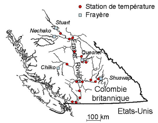 Carte: Localisation des stations clés du programme de suivi des températures et localisation des principales frayères à saumon rouge dans le bassin de la fleuve Fraser.