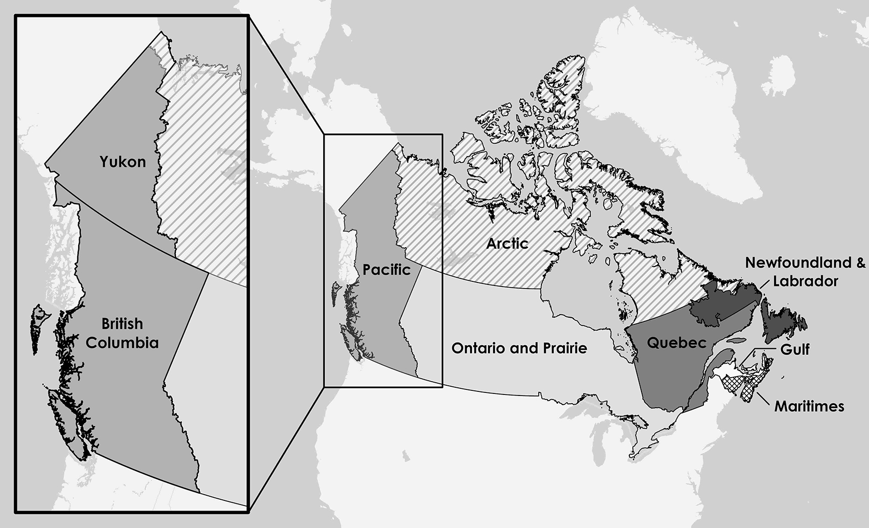 a map showing DFO's 7 administrative regions across Canada