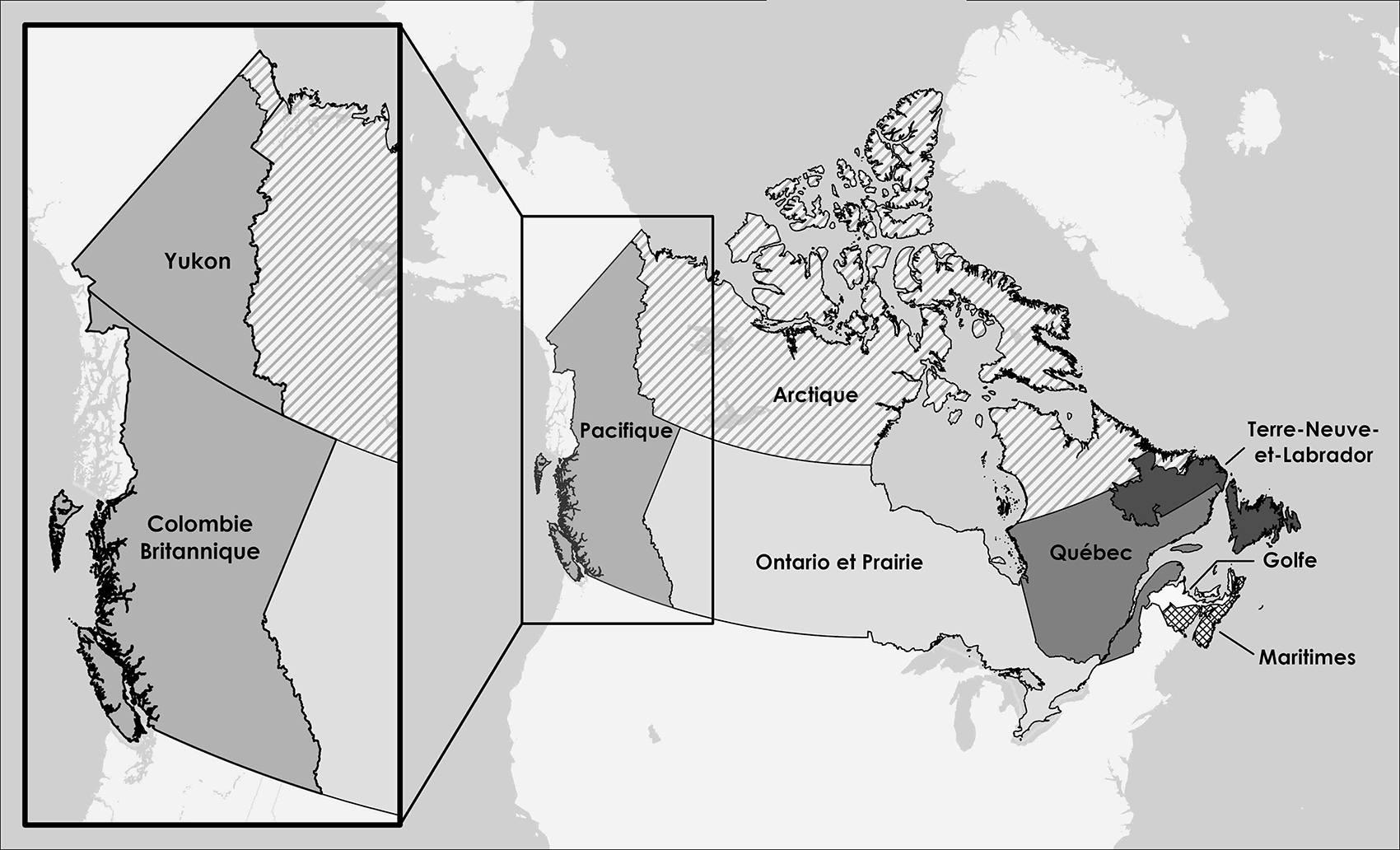 une carte présentant les sept régions administratives du MPO à travers le Canada