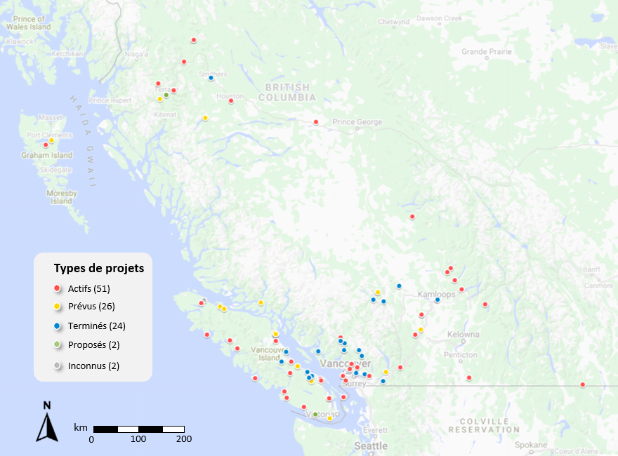 Carte : Projets de restauration de l’habitat financés par le PMVS réalisés en 2019-2020, par étape du projet.
