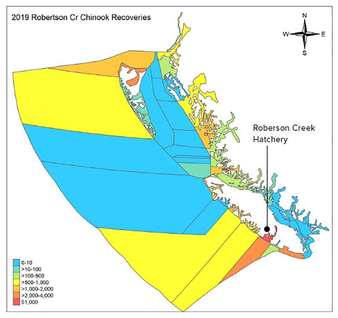 Map: 2019 Robertson Creek Hatchery Chinook catch by stat area