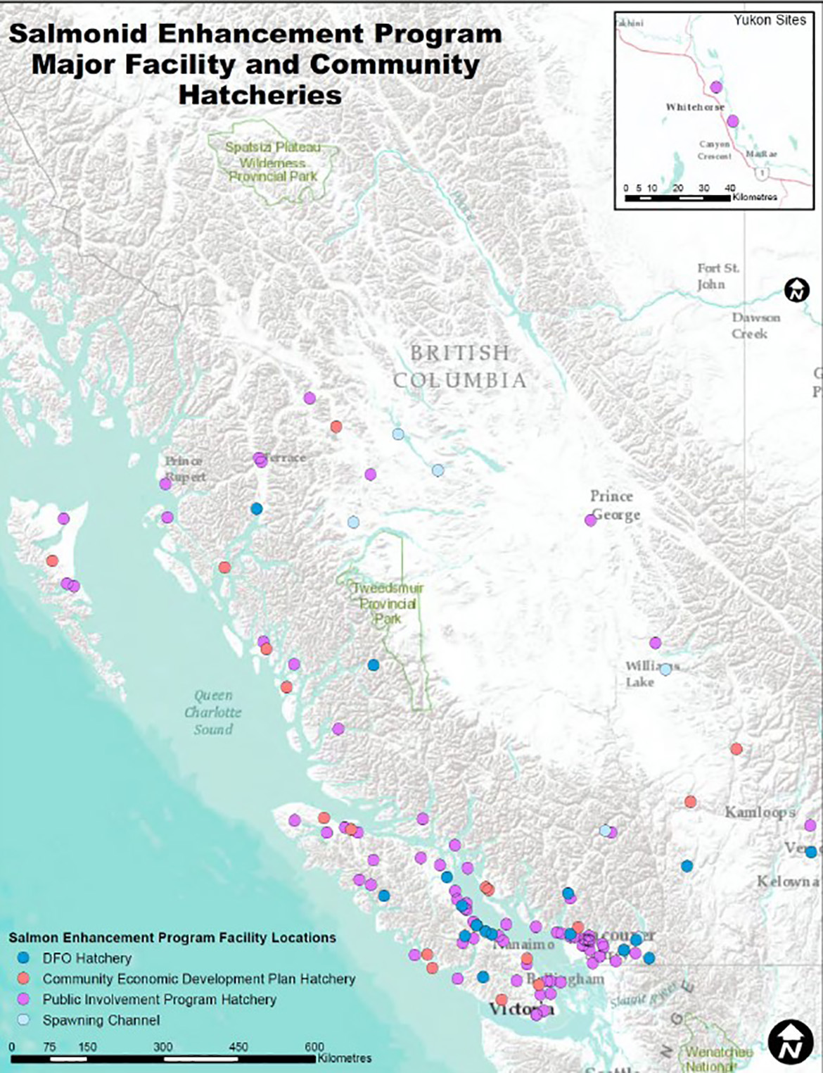 Map: Salmonid Enhancement Program major facility and community hatcheries